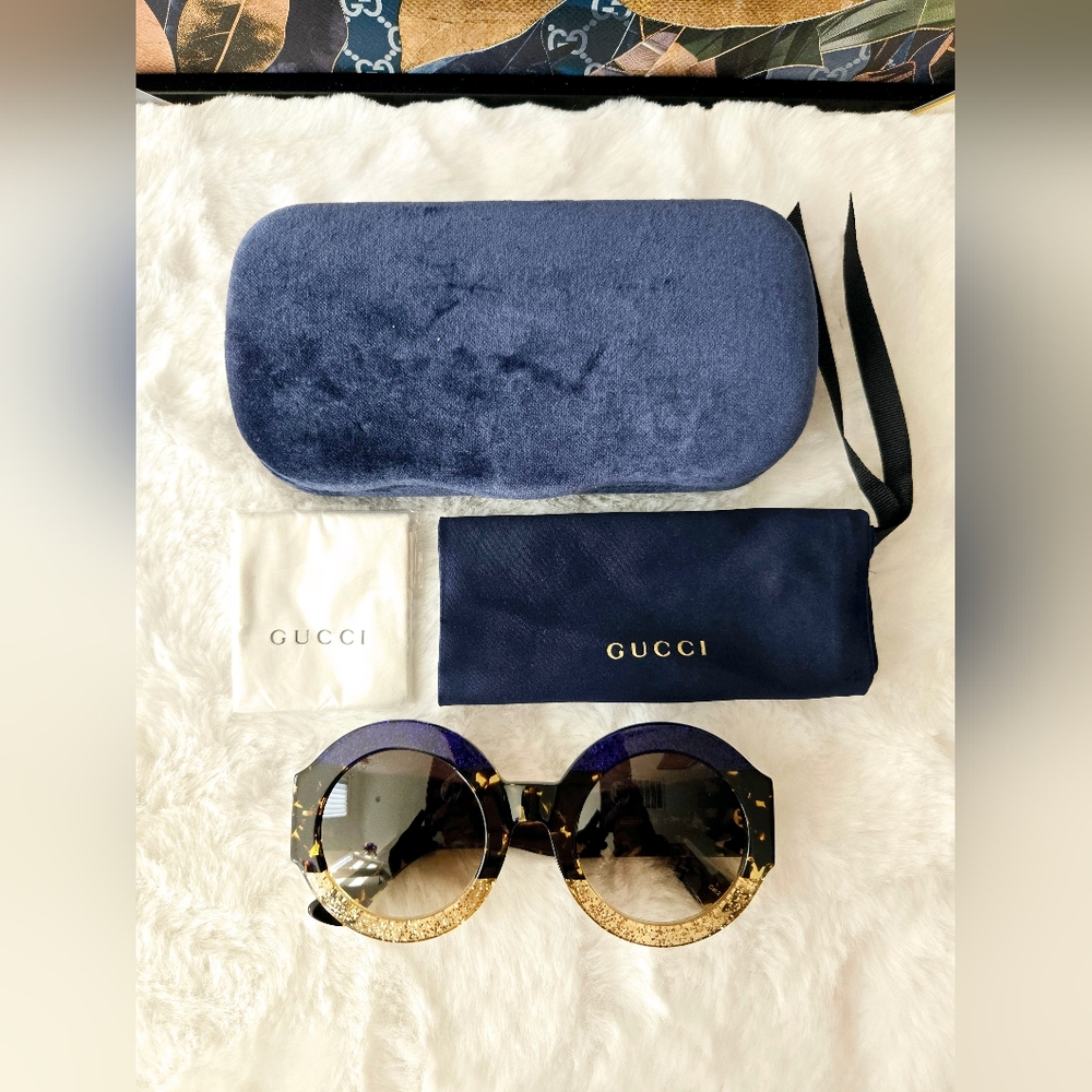 ‼️SOLD‼️New- Gucci Acetate Round Sunglasses Blue Havana Brown - Picture 14 of 16
